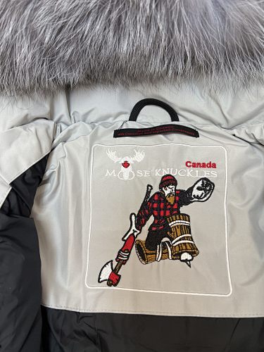 Moose Knuckles White Hooded Parka with Grey Textured Trim