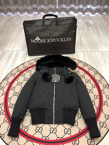 Moose Knuckles Black Hooded Bomber Jacket with Pom-Pom Details