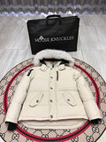 Moose Knuckles Ivory White Fur-Look Trim Hooded Puffer Parka