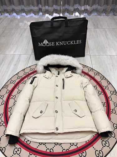 Moose Knuckles Ivory White Fur-Look Trim Hooded Puffer Parka