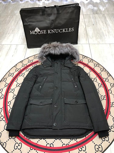 Moose Knuckles Charcoal Hooded Parka with Grey Textured Trim