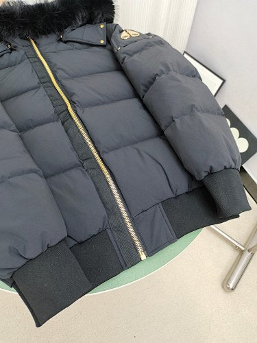 Moose Knuckles Charcoal Hooded Puffer Jacket with Gold-Tone Details