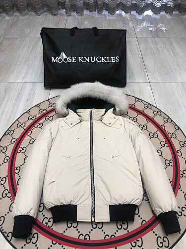 Moose Knuckles Ivory White Fur-Look Trim Hooded Bomber Jacket
