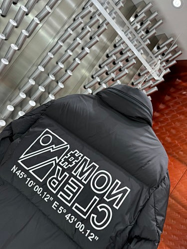 Moncler Black High-Collar Puffer Jacket with Graphic Back Print