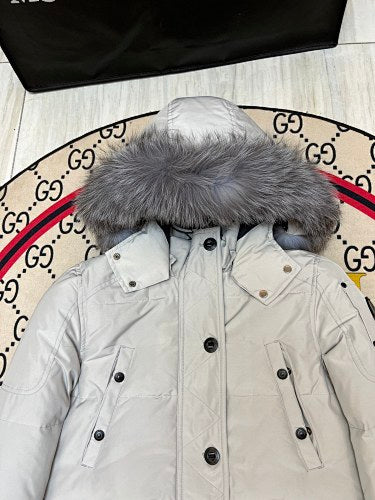 Moose Knuckles White Hooded Parka with Grey Textured Trim