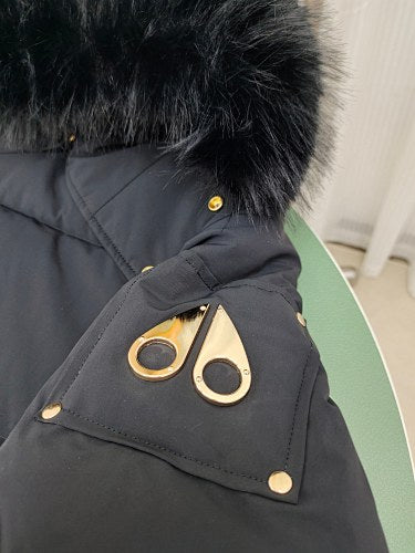 Moose Knuckles Charcoal Hooded Puffer Jacket with Gold-Tone Details