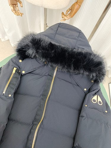 Moose Knuckles Charcoal Hooded Puffer Jacket with Gold-Tone Details