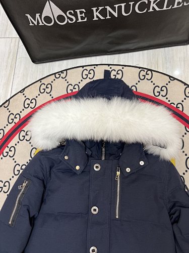 Moose Knuckles Navy Blue White-Trim Hooded Puffer Parka