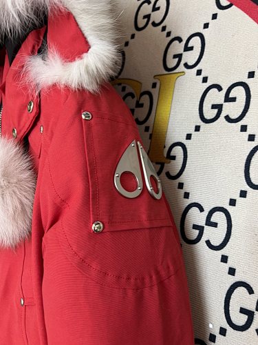 Moose Knuckles Red Pom-Pom Hooded Bomber Jacket