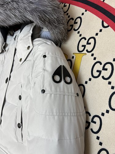 Moose Knuckles White Hooded Parka with Grey Textured Trim