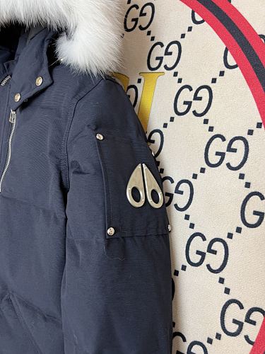 Moose Knuckles Navy Blue White-Trim Hooded Puffer Parka