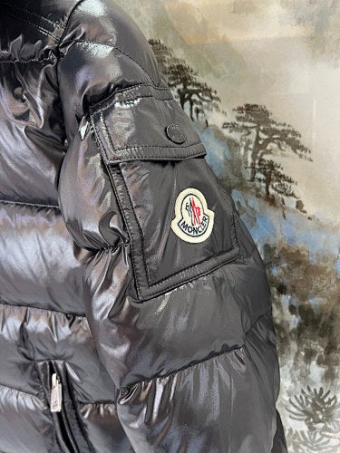 Moncler Glossy Hooded Puffer Jacket with Stand Collar