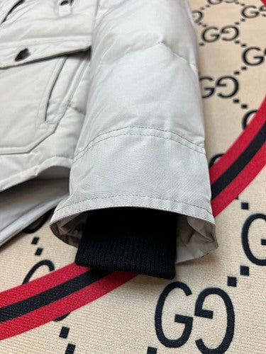 Moose Knuckles White Hooded Parka with Grey Textured Trim