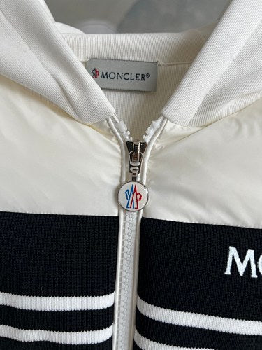 Moncler White Hooded Jacket with Black Stripe and Quilted Front