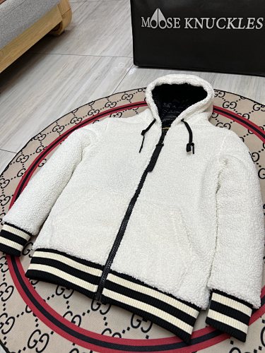 Moose Knuckles Textured Hooded Zip-Up Jacket with Striped Trim