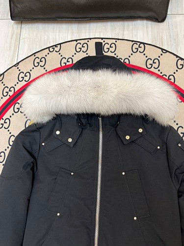Moose Knuckles Black Fur-Look Trim Hooded Bomber Jacket