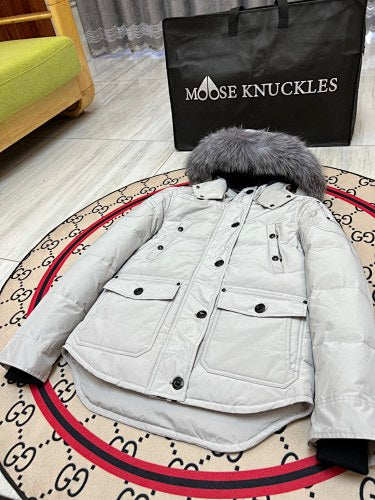 Moose Knuckles White Hooded Parka with Grey Textured Trim