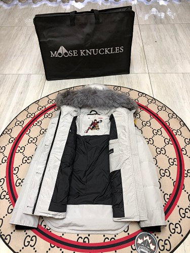 Moose Knuckles White Hooded Parka with Grey Textured Trim
