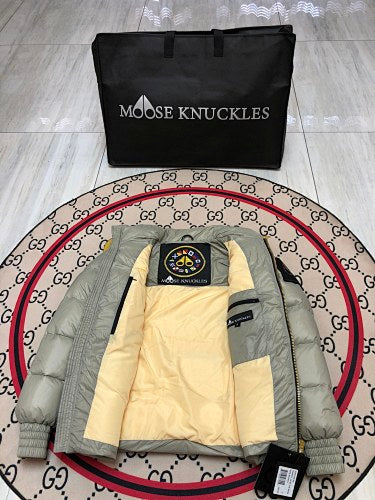 Moose Knuckles Sage Grey Glossy Stand-Collar Puffer Jacket