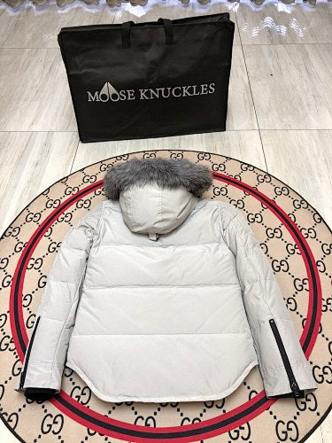 Moose Knuckles White Hooded Parka with Grey Textured Trim