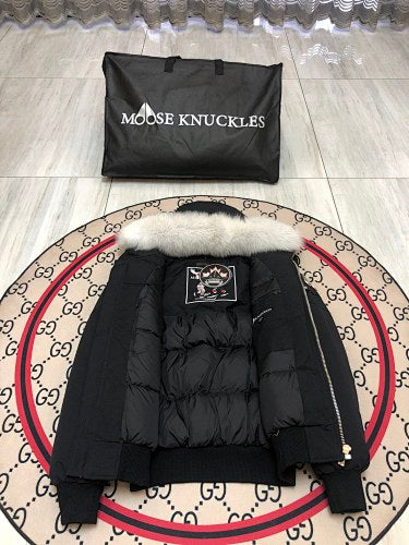 Moose Knuckles Black Fur-Look Trim Hooded Bomber Jacket