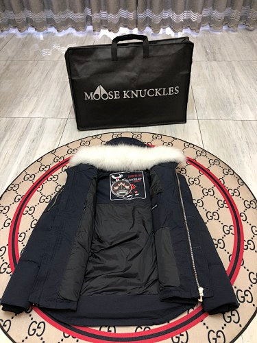 Moose Knuckles Navy Blue White-Trim Hooded Puffer Parka