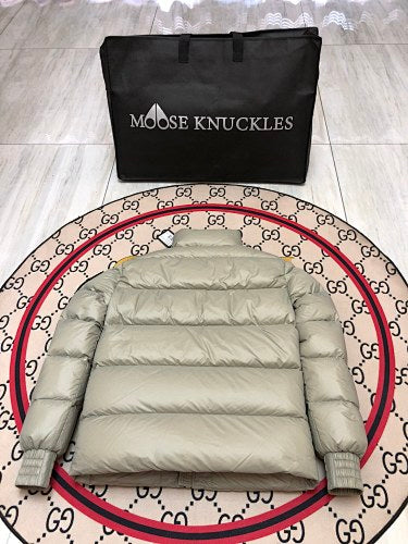 Moose Knuckles Sage Grey Glossy Stand-Collar Puffer Jacket