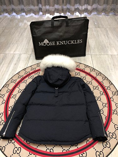 Moose Knuckles Navy Blue White-Trim Hooded Puffer Parka