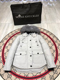 Moose Knuckles White Hooded Parka with Grey Textured Trim