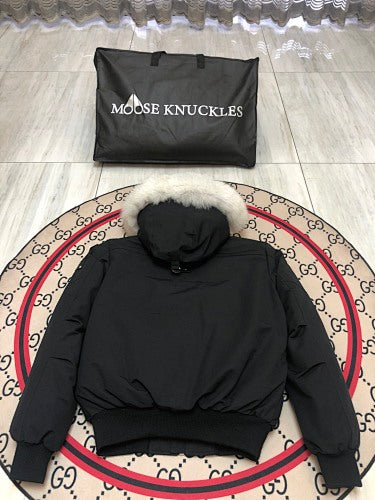 Moose Knuckles Black Fur-Look Trim Hooded Bomber Jacket