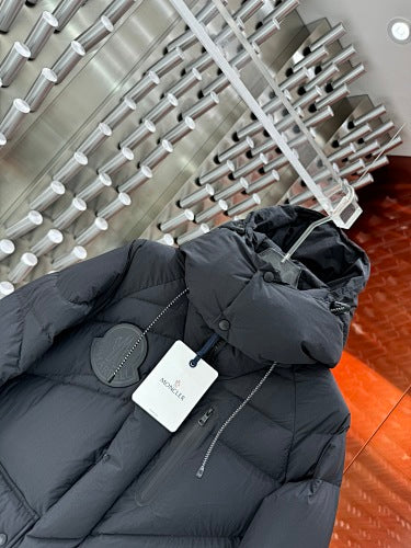 Moncler Black Hooded Puffer Jacket with Angled Quilting