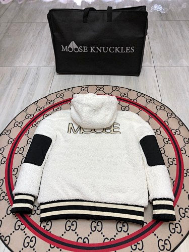 Moose Knuckles Textured Hooded Zip-Up Jacket with Striped Trim