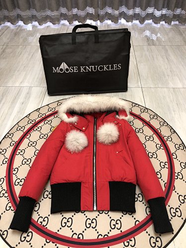 Moose Knuckles Red Pom-Pom Hooded Bomber Jacket