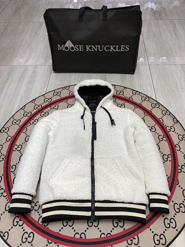 Moose Knuckles Textured Hooded Zip-Up Jacket with Striped Trim