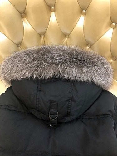Moose Knuckles Black Long Hooded Parka with Grey Textured Trim