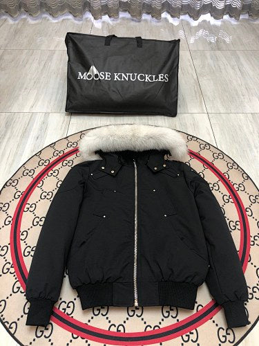 Moose Knuckles Black Fur-Look Trim Hooded Bomber Jacket