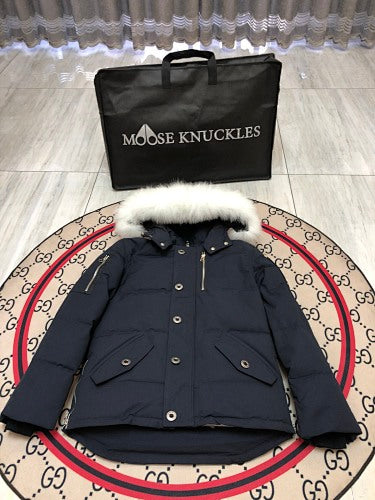 Moose Knuckles Navy Blue White-Trim Hooded Puffer Parka
