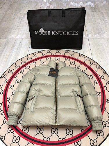Moose Knuckles Sage Grey Glossy Stand-Collar Puffer Jacket