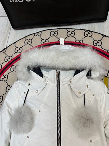 Moose Knuckles White Pom-Pom Hooded Bomber Jacket