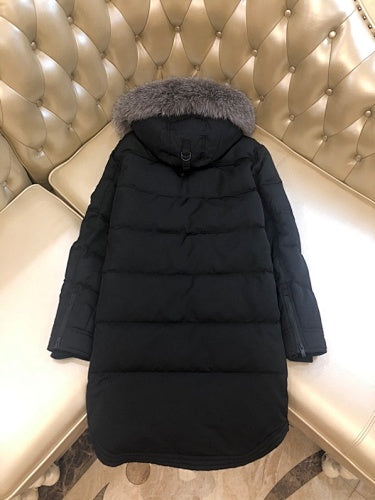 Moose Knuckles Black Long Hooded Parka with Grey Textured Trim