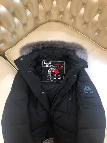 Moose Knuckles Black Long Hooded Parka with Grey Textured Trim