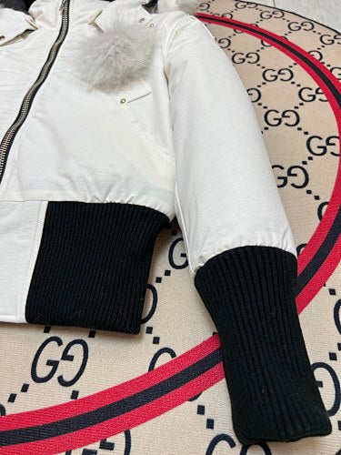 Moose Knuckles White Pom-Pom Hooded Bomber Jacket