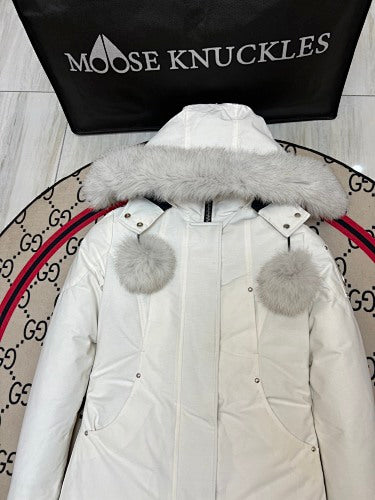 Moose Knuckles White Hooded Parka with Pom-Pom Details