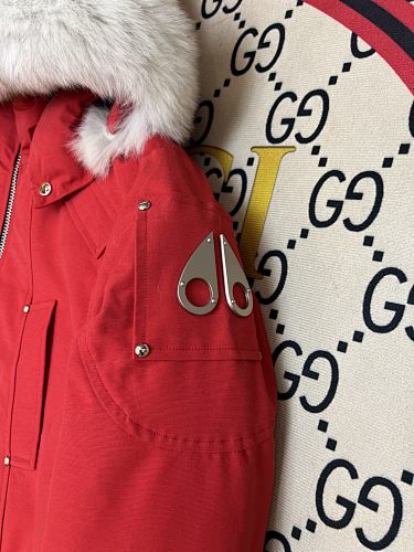 Moose Knuckles Red White-Trim Hooded Bomber Jacket