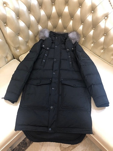 Moose Knuckles Black Long Hooded Parka with Grey Textured Trim