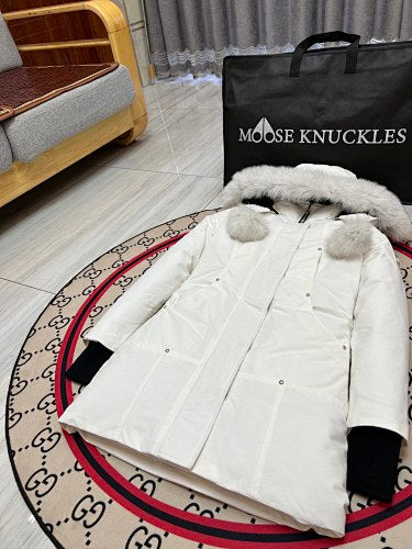 Moose Knuckles White Hooded Parka with Pom-Pom Details