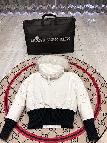 Moose Knuckles White Pom-Pom Hooded Bomber Jacket