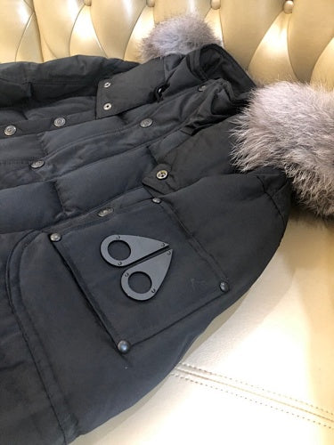 Moose Knuckles Black Long Hooded Parka with Grey Textured Trim