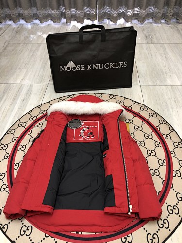 Moose Knuckles Red White-Trim Hooded Puffer Parka