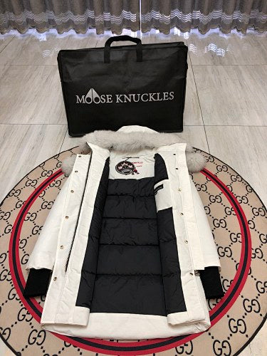 Moose Knuckles White Hooded Parka with Pom-Pom Details